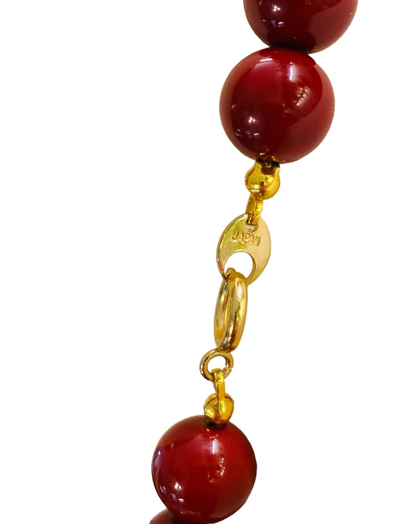 Red Burgundy Vintage 1980s Beaded Necklace Goldtone Floral Chunky 30" Spring Clasp