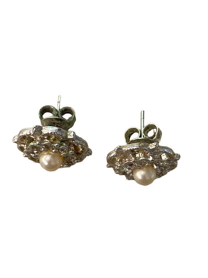 Vintage Silvertone Intricate Post Stud Earrings Faux Pearl Center Flower