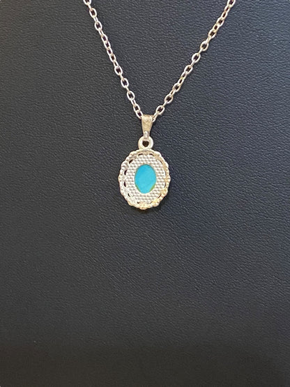 Silvertone Delicate 18" Chain Necklace with Faux Turquoise Pendant