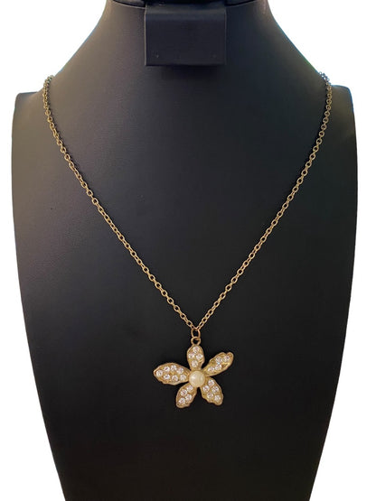 Goldtone 25" Necklace Overhead Chain Flower Pendant Faux Pearl Rhinestone