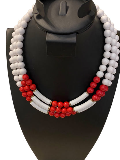 Red White Triple Strand Vintage 1960s Acrylic Beaded Statement Necklace 19"