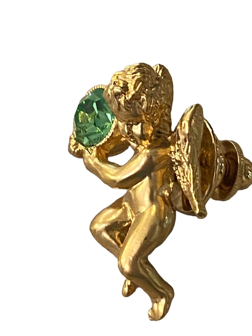 Vintage Avon Signed Guardian Angel Lapel Pin Peridot Cherub 1"