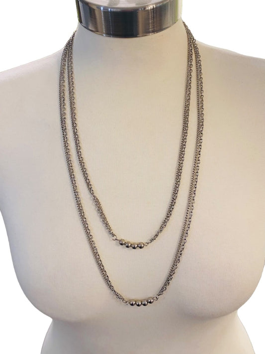 Silvertone Dual Strand 56" Necklace Spring Clasp Beads Can be Looped Layered