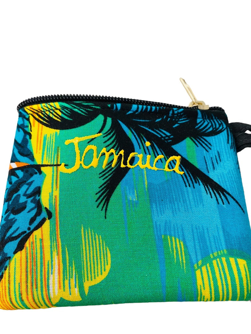 Jamaica Souvenir Small Tropical Print Fabric Wristlet Zip Top 4.75"w x 3.75"h