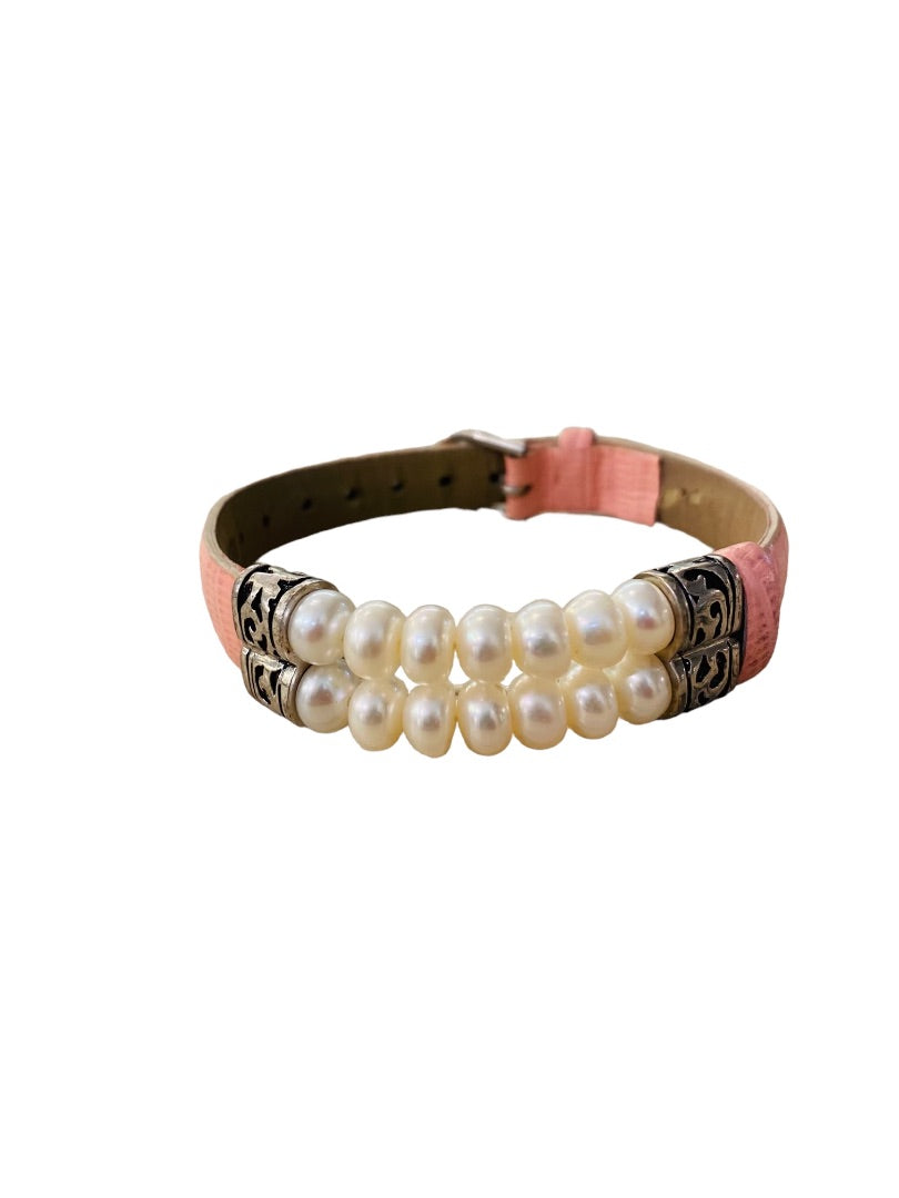 Honora Pearl and Pink Leather Bracelet Adjustable Buckle Closure Double Strand