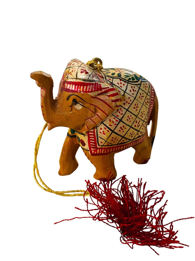 Wooden Elephant Ornament Painted Truck Up Red Gold Tassel 2.2"h Holiday