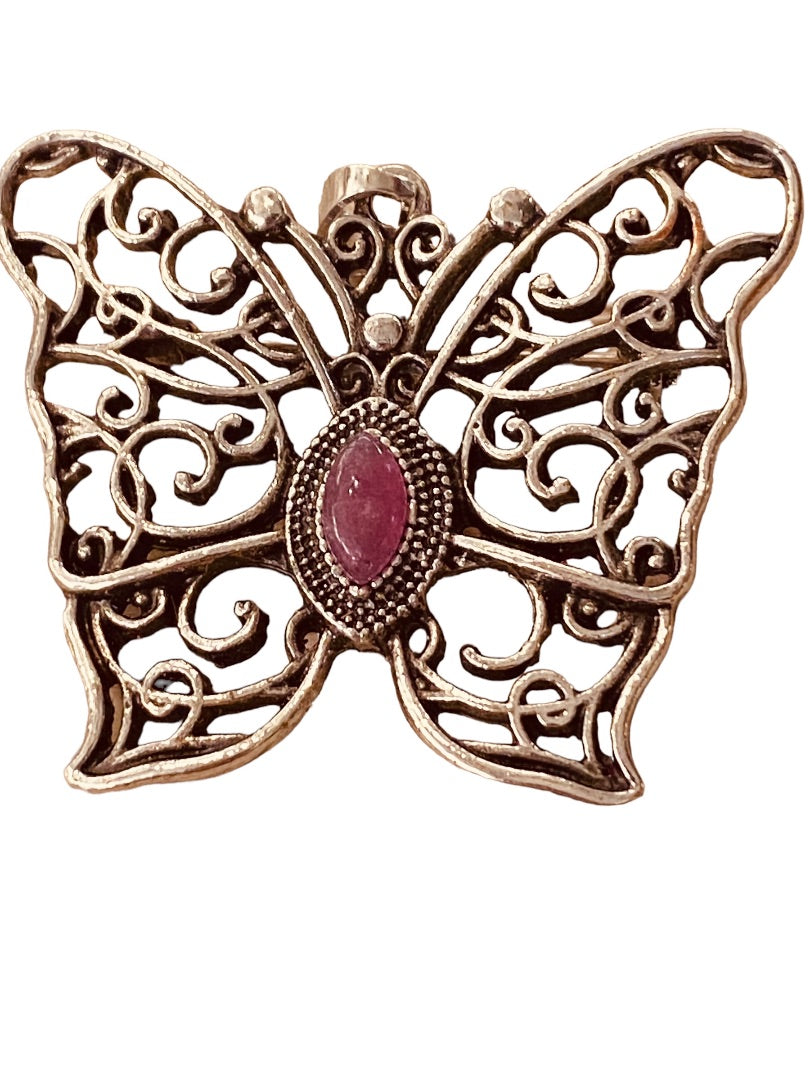 Silvertone Butterfly Pendant Brooch Purple Jewel 1.5" Filigree Style