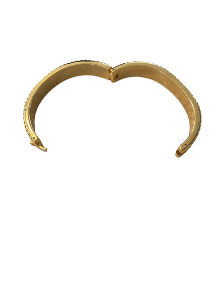 Goldtone Oval Bangle Bracelet Press Down Latch Hinged Herringbone Pattern