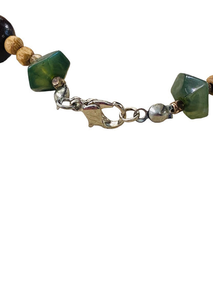 Wood Bead and Green Stone Bracelet 9" Lobster Clasp Lightweight Boho Style