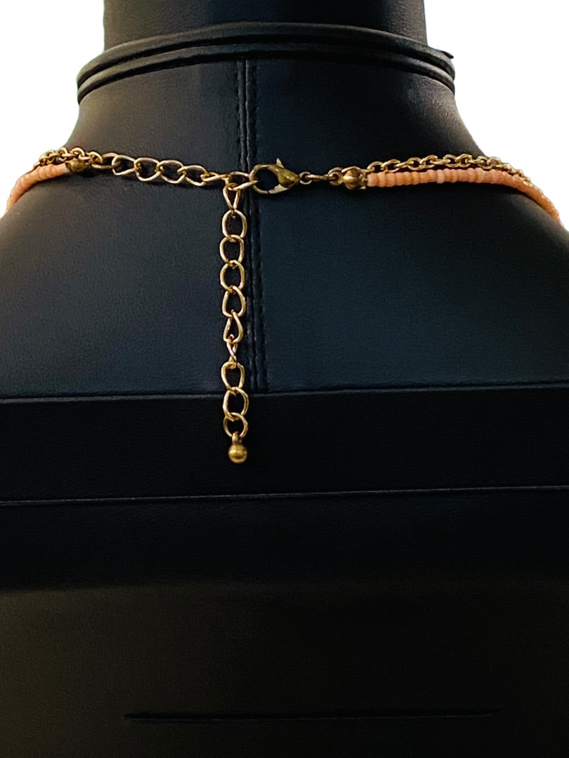 Dual Strand Layered Necklace Pink Seed Beads Goldtone 18-20"