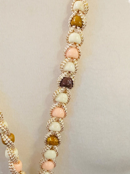 Braided Plastic Bead Necklace 32" Overhead Goldtone Pink Brown Lightweight 5" Tassel