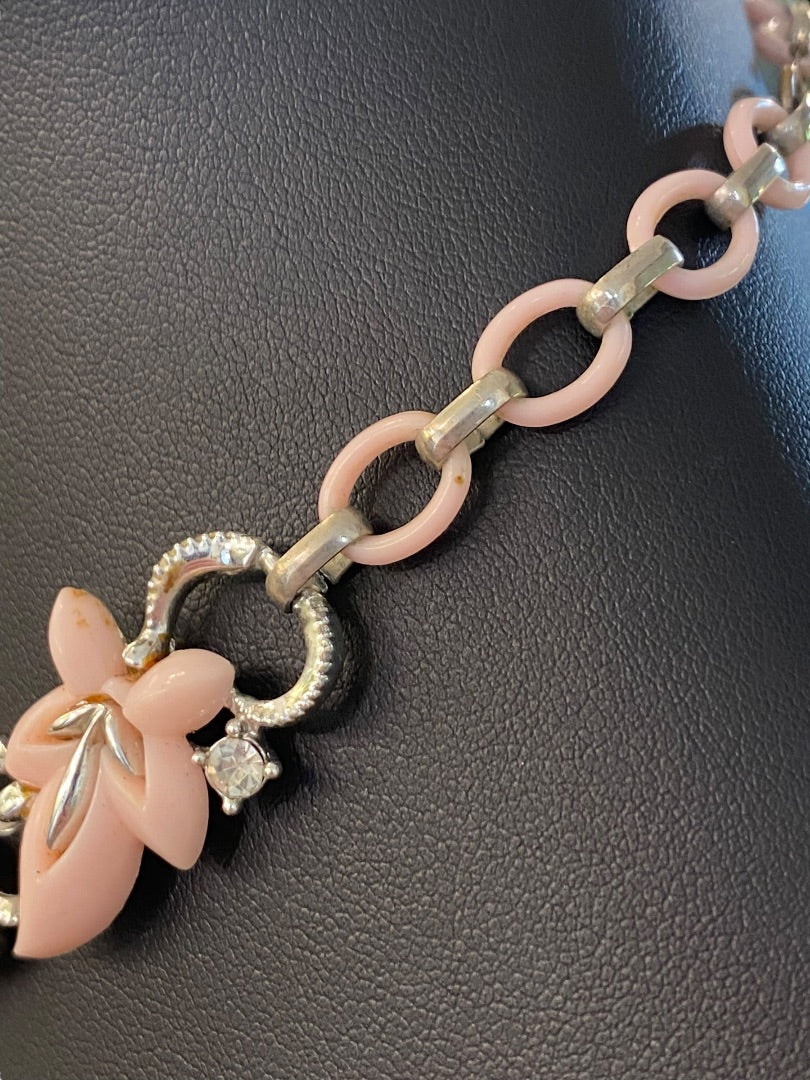 Vintage 13-15" Necklace Hook Closure Pink Plastic Leaf Silvertone