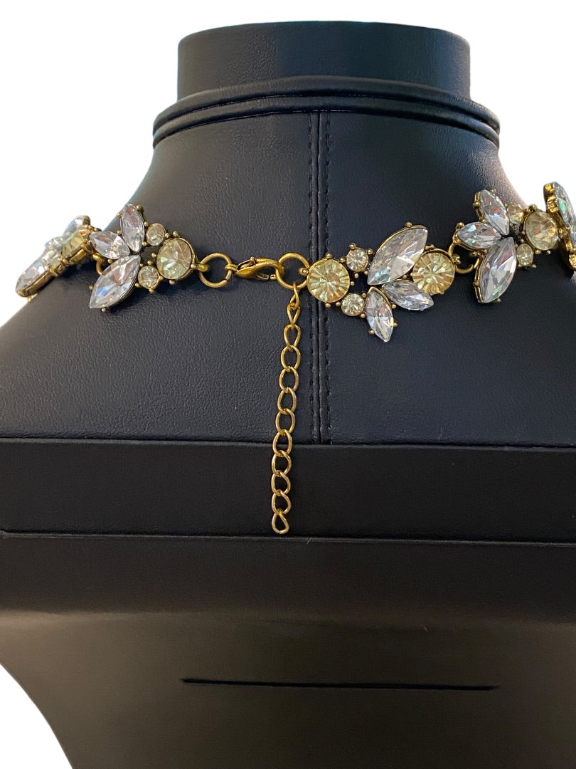 Goldtone Statement Necklace Vine Design Green Clear Faceted Jewels 16-18" Lays Flat