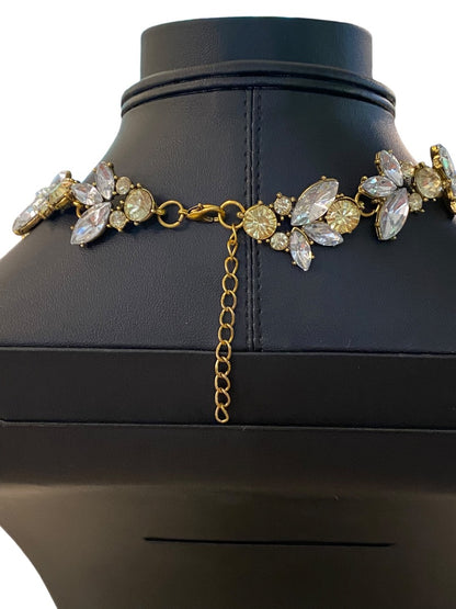 Goldtone Statement Necklace Vine Design Green Clear Faceted Jewels 16-18" Lays Flat