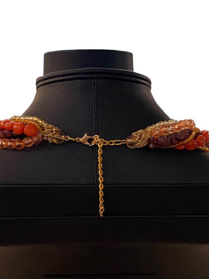 Vintage Twist Multistrand Acrylic Beaded Necklace 18-21" Orange Brown Lobster Clasp