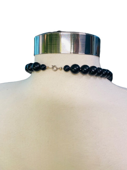 Chunky Black Graduated Bead Necklace Vintage 1990s Silvertone 35" Spring Clasp