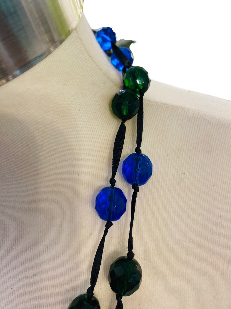 Blue Green Black Knotted Ribbon Necklace Faceted Beads 48" Oversize Spring Clasp