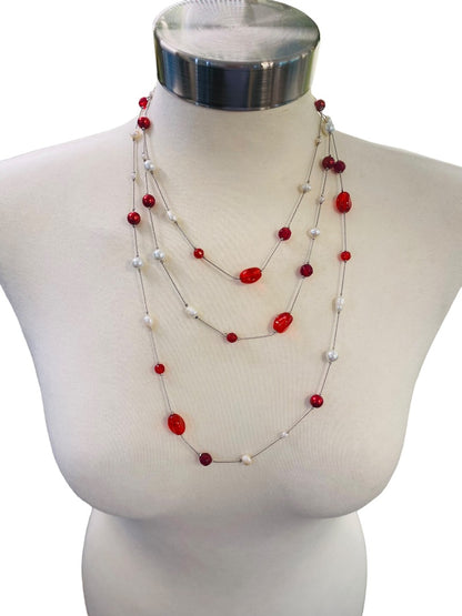 Silvertone Red Chain Necklace Strand String 67" Lobster Clasp Faux Assorted Pearls