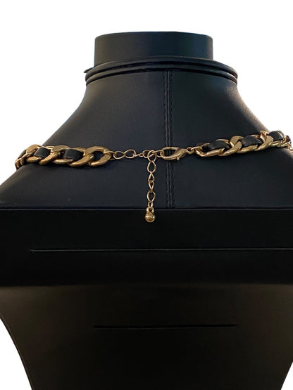 Goldtone and Black Cord Chunky Dual Strand Chain Necklace 17-19" Lobster Clasp