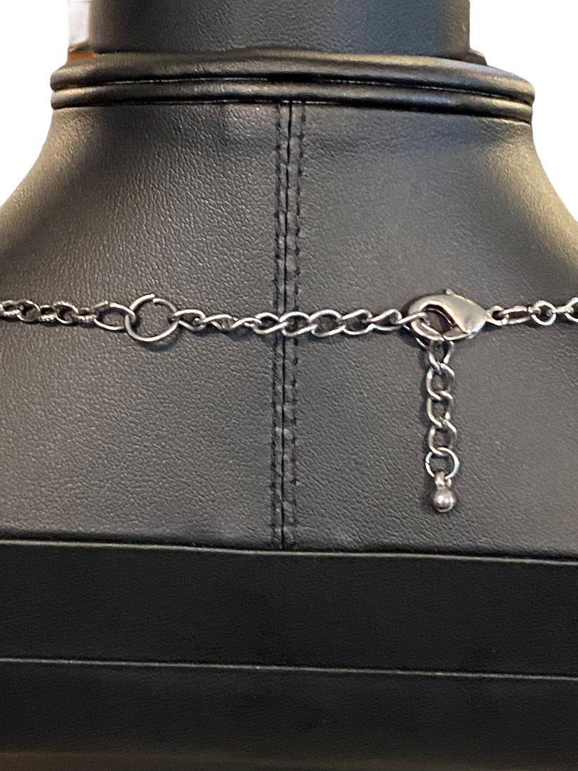 Dark Silvertone Blue Beaded Layered Necklace Floral 19" Lobster Clasp