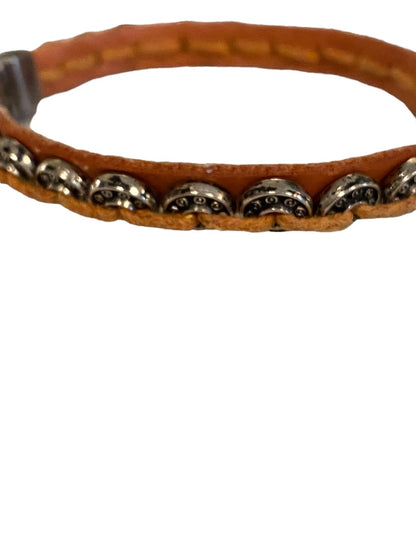 Brown and Silvertone Beaded Bracelet Discs Interlock Clasp 7"