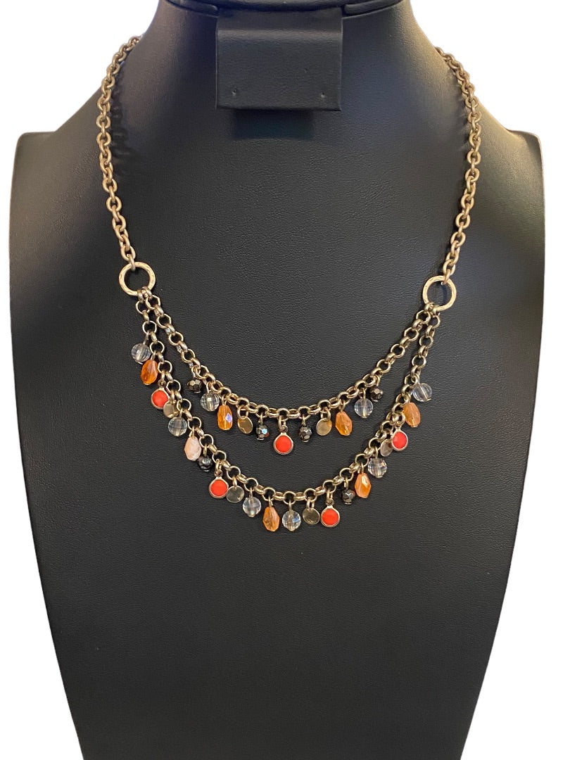 Brushed Goldtone Beaded Double Strand Necklace 17.5"Beaded 3" Drop