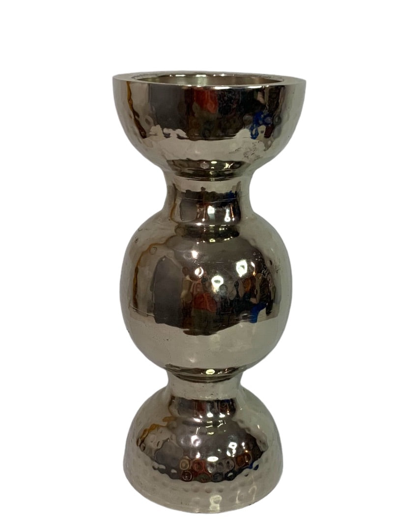 Textured Silvertone Hollow Metal Pillar Candle Stand 14"H