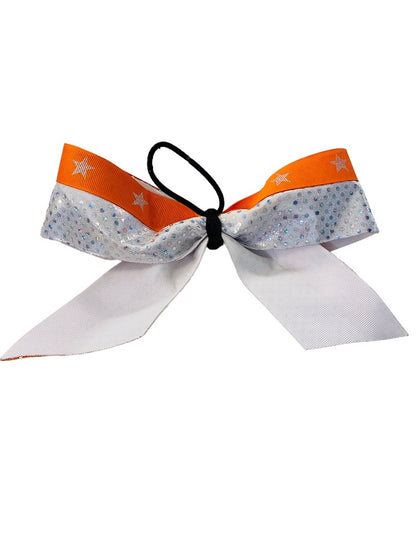 Girls Oversize Hair Bow 8" Elastic Ponytail Silver Orange Star Print