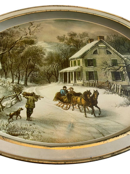 Currier and Ives The American Homestead Metal Tray Serving Vintage Winter