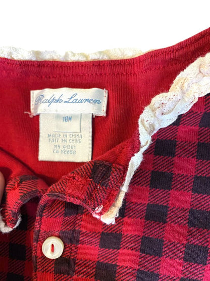 18M Ralph Lauren Baby Red Black Checked Shirt Tip Ruffled Collar Long Sleeve