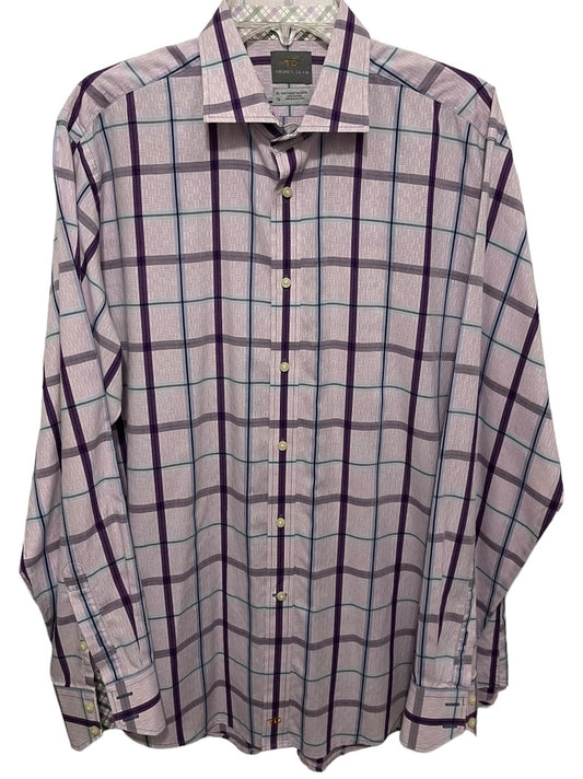 XL Thomas Dean 100% Pima Cotton Mens Plaid Dress Shirt Purple Long Sleeve