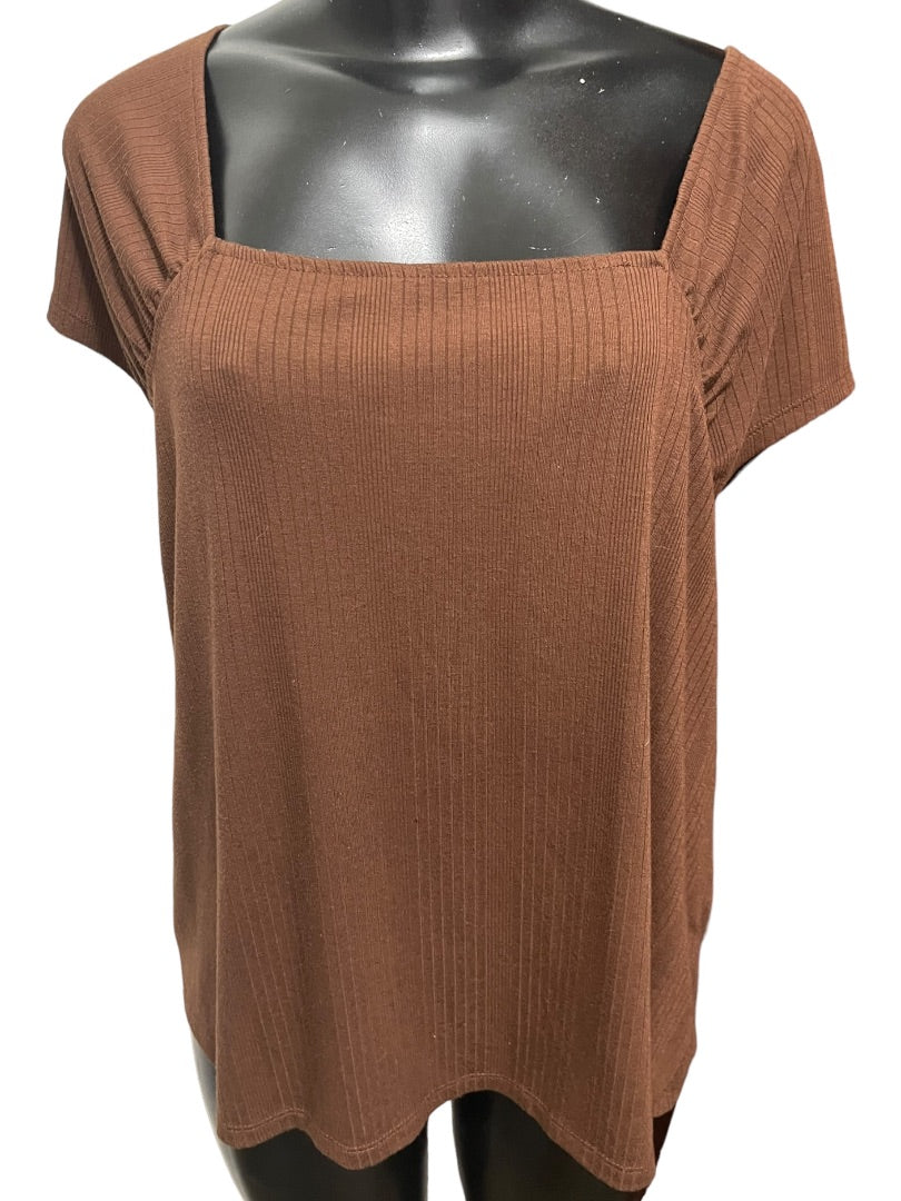 18/20 Lane Bryant Womens Plus Size Square Neckline Cap Sleeve Ribbed Top Brown