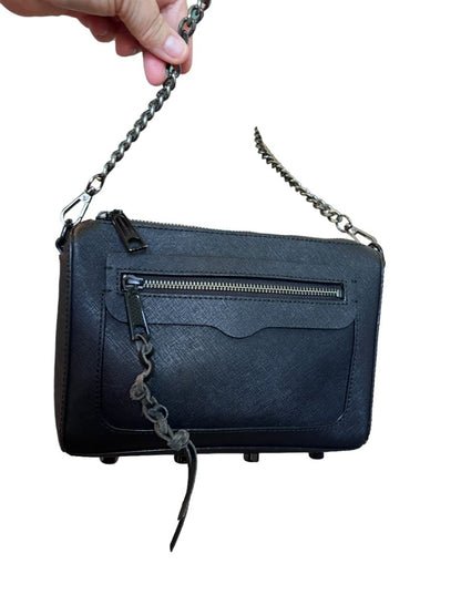 Rebecca Minkoff Black Avery Saffiano Leather Crossbody Bag Pewter Tone Hardware Red Leather Strap Detail Chain Strap