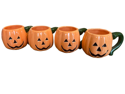 Set of 4 Halloween Ceramic Jack O Lantern Pumpkin Mugs Orange