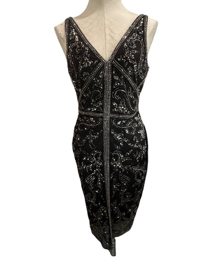 Size 6 Adrianna Papell New Beaded Black Sheath Dress Pewter Silver Beading Sleeveless