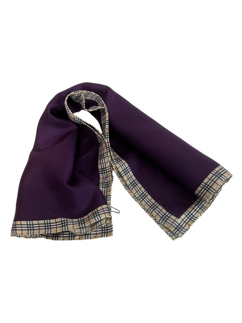 Burberry London Silk Scarf Purple New 22.5" Square Rolled Edge Plaid Trim