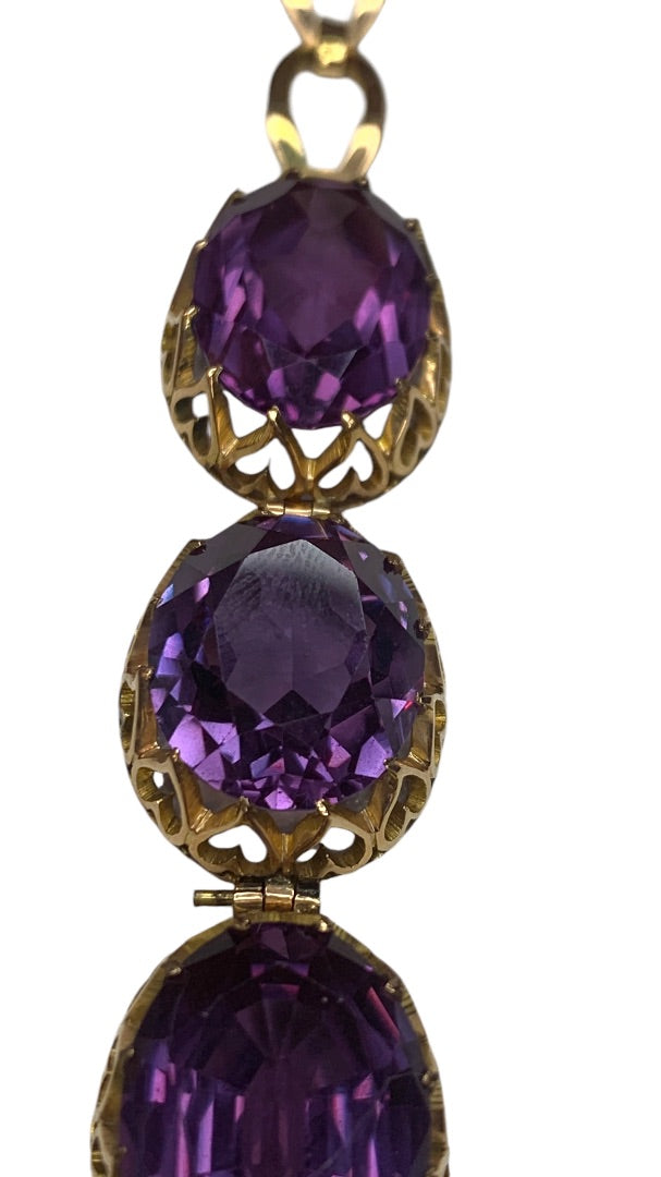 14k Yellow Gold Synthetic Amethyst Bracelet Vintage Jewelry Heart Filigree Setting 7.5"
