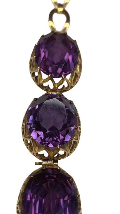 14k Yellow Gold Synthetic Amethyst Bracelet Vintage Jewelry Heart Filigree Setting 7.5"