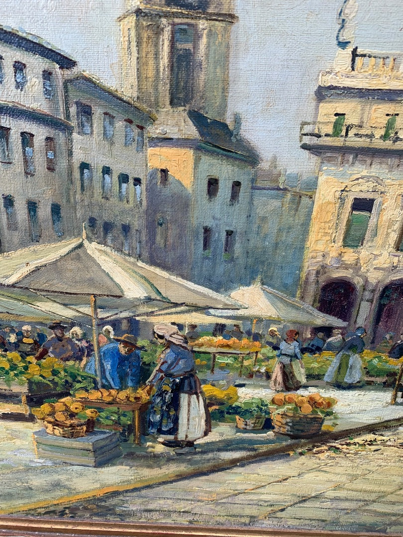 H Johanns Oil Painting on Canvas Market Day Town Square Signed 33.5" x 45.5" Framed