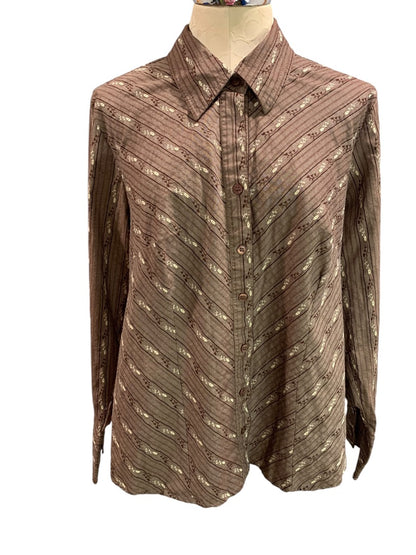 Size 14/16 Lane Bryant Womens Brown Print Stretch Button Up Shirt Blouse Floral Stripe