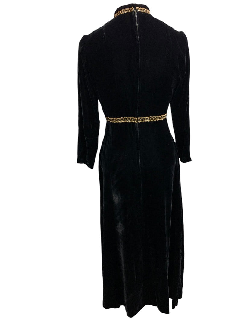 Small Black Velvet 1960s Handmade Dress Gold Tim Full Length