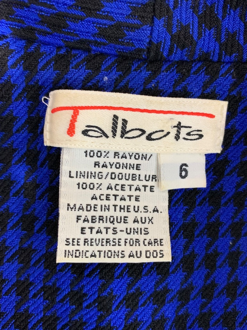 Size 6 Talbots Button Up Vintage 1980s Dress Blue Houndstooth Pockets