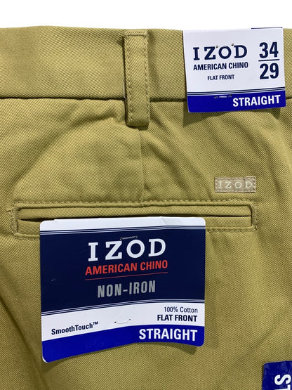 34 x 29 Izod Mens New American Chino Flat Front Straight Leg Cotton Khaki