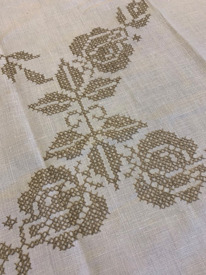 Vintage Tablecloth Embroidered Taupe Floral 66 x 83 Inches Scalloped Edge