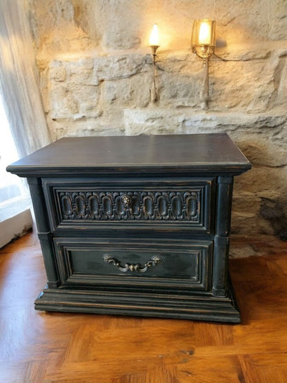 Vintage Bassett Moorish Oak Nightstand Painted Black Distressed 2 Drawer