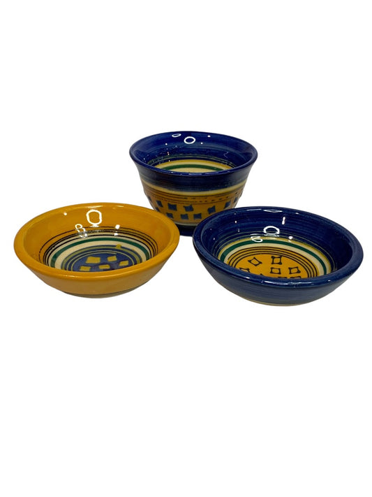 Small Signed Art Pottery MCF Yellow Blue Set of 3 Bowls
