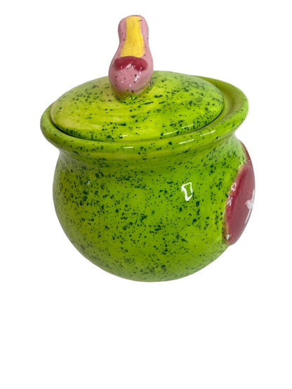 Green Lidded Jar 3.5 Inches High Heel Heart XO Glazed Ceramic