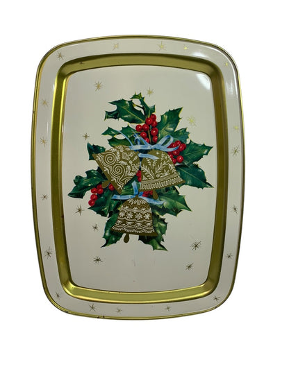 Vintage Holiday Christmas Metal Serving Tray 15 x 11 Inch Starburst Bells