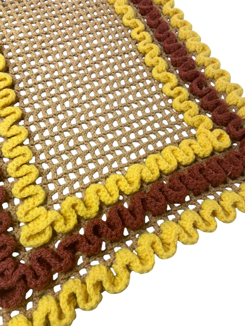 Vintage 1970s Handmade Crocheted Dresser Scarf runner Yellow Brown 29x17 Inches