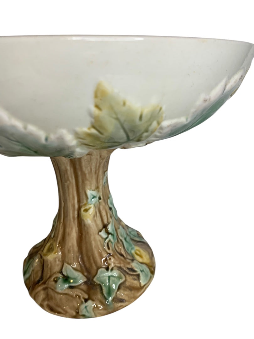 Antique English Majolica Pedestal Fruit Compote Serving Dish Maple Leaves